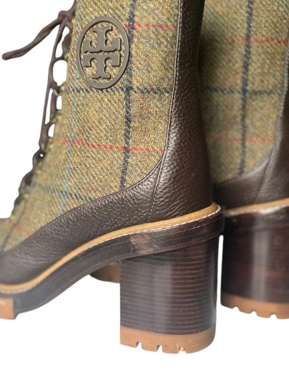 Tory Burch Miller Plaid Tweed Leather Lug Sole Lace Up Boots Size 9.5